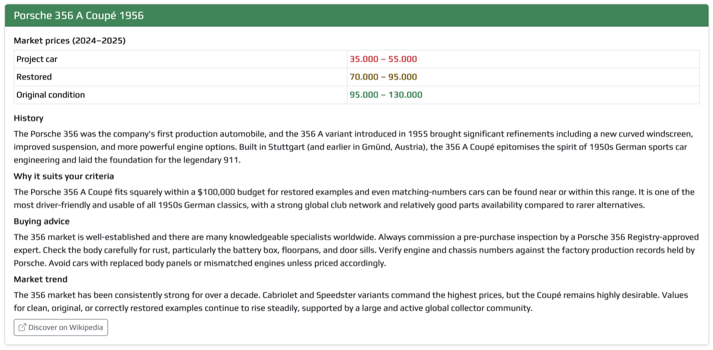 O.T.T.O. recommendation card with market prices, history, buying advice and market trend