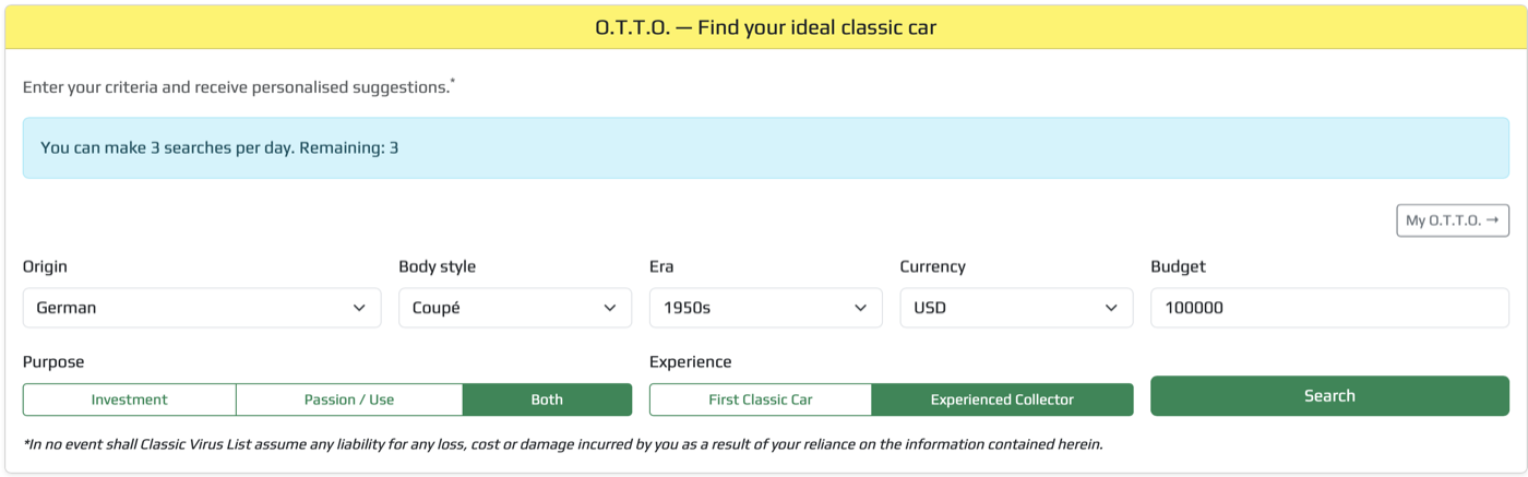 O.T.T.O. form with origin, body style, era, currency, budget, purpose and experience level
