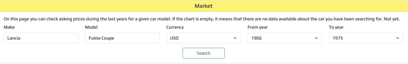 Classic car market search form Classic car market search form with make, model, currency and year range